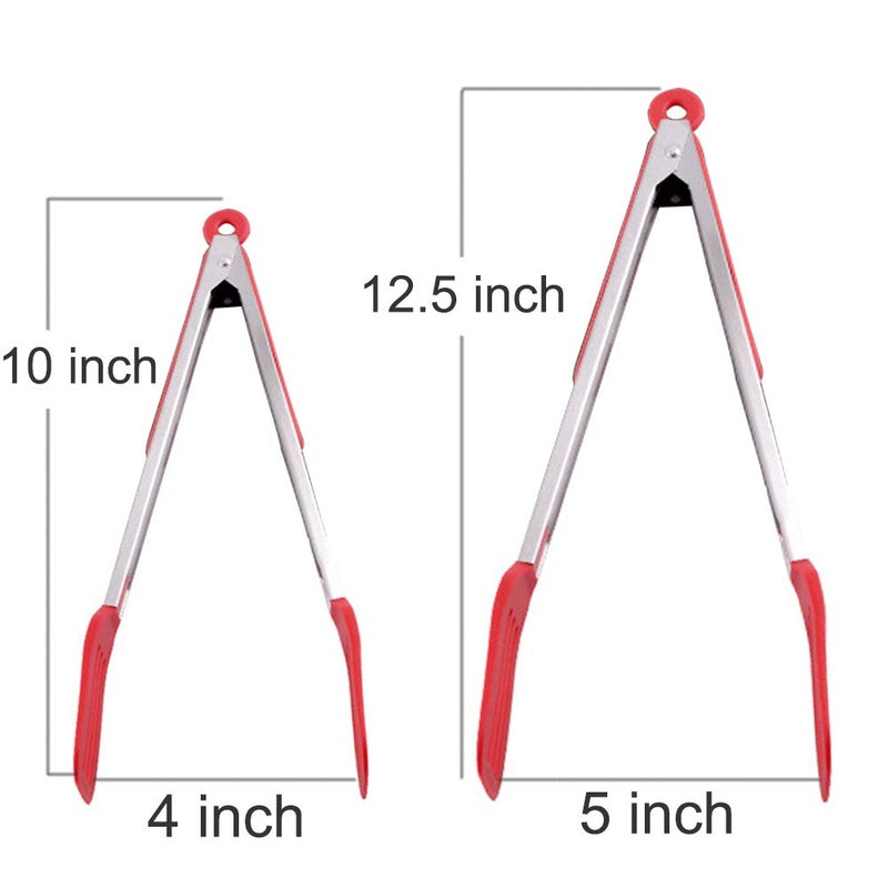 STARUBY Cooking Tongs 9 inches and 12 inches Stainless Steel Kitchen Silicone Serving Tong Heat Resistant Meat Turner Spatula Tong Fish Tongs with Locking Handle Joint (Red) - Image 2